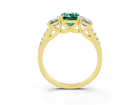 Yellow gold Three-Stone Emerald Cut Green Sapphire Ring with Pavé Band and Prong Setting_15