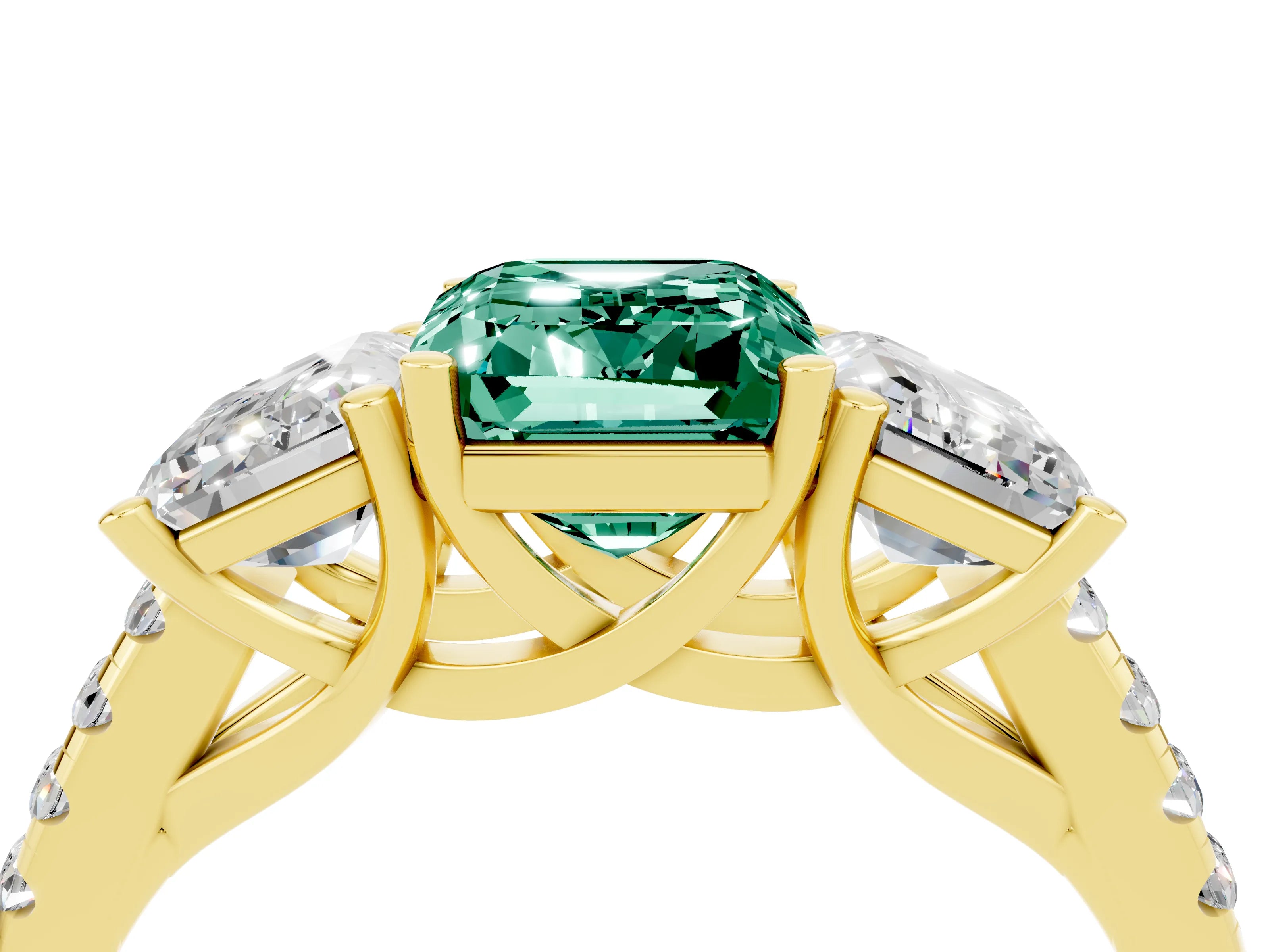 Yellow gold Three-Stone Emerald Cut Green Sapphire Ring with Pavé Band and Prong Setting_16