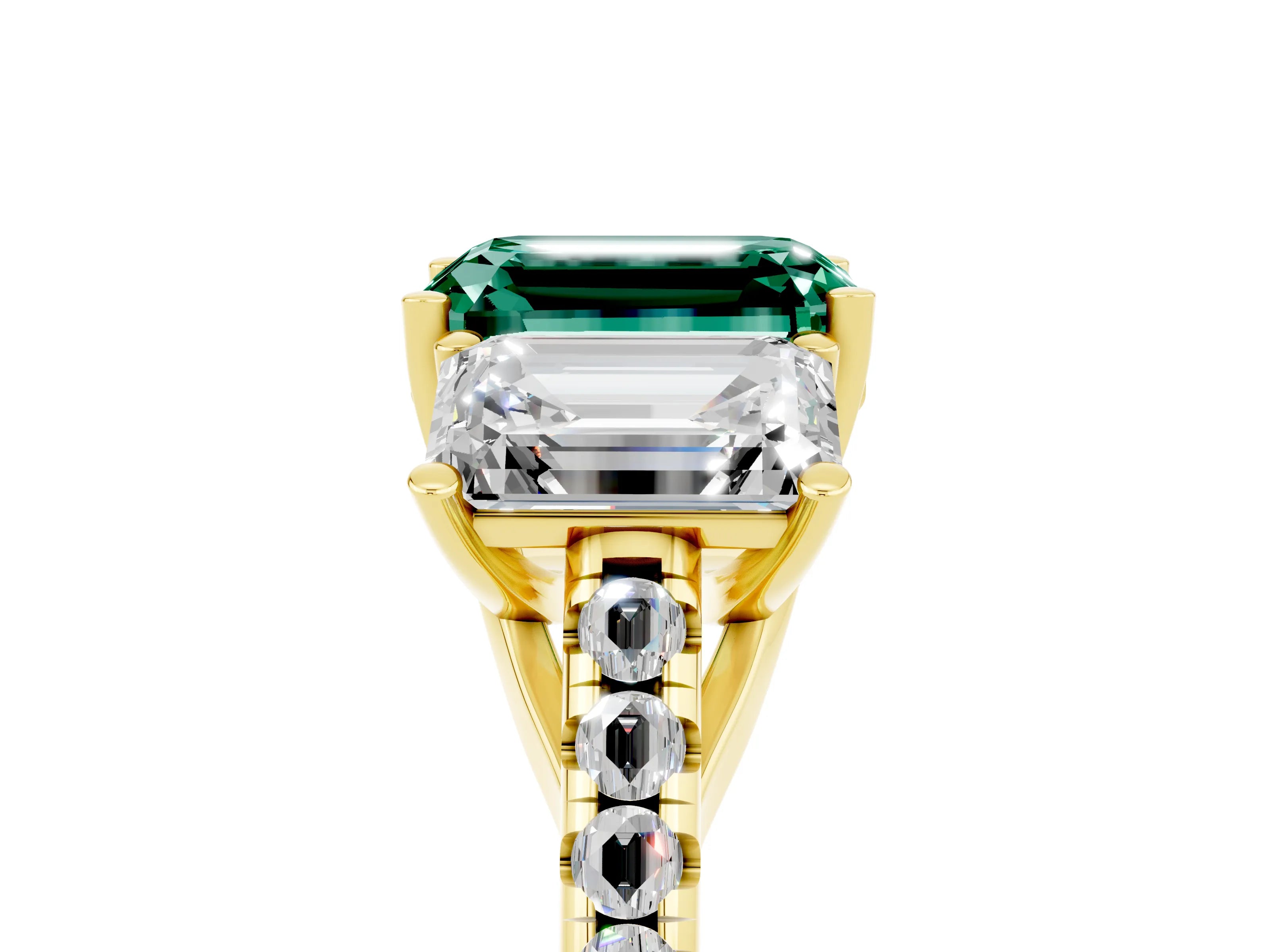 Yellow gold Three-Stone Emerald Cut Green Sapphire Ring with Pavé Band and Prong Setting_17