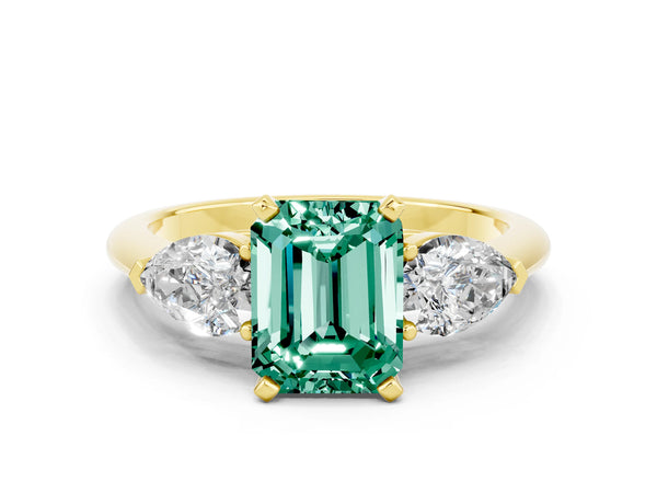 Yellow gold Three-Stone Emerald Cut Green Sapphire Ring with Pear Side Stones and Four-Prong Setting