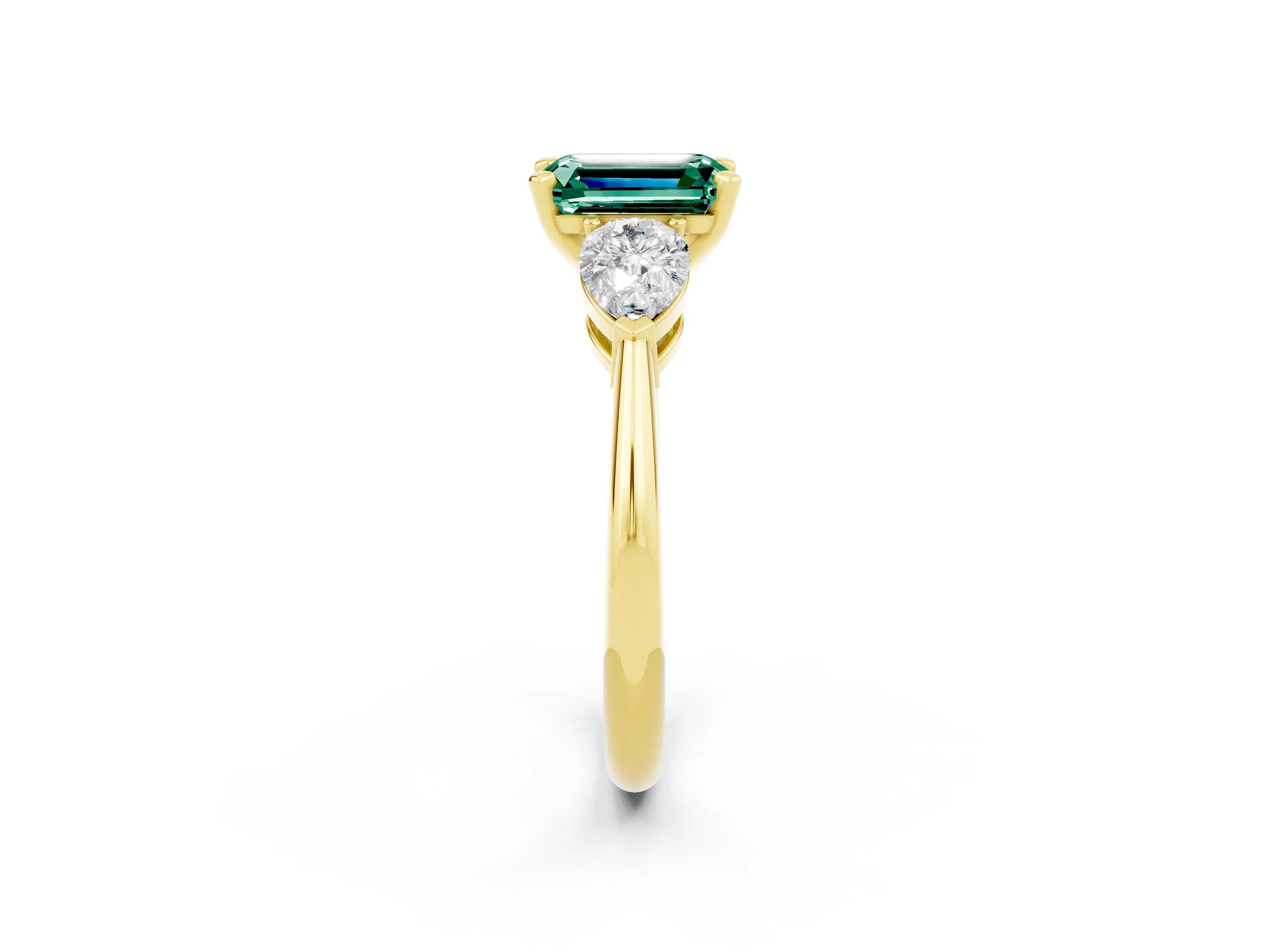 Yellow gold Three-Stone Emerald Cut Green Sapphire Ring with Pear Side Stones and Four-Prong Setting_2
