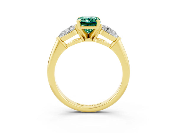 Yellow gold Three-Stone Emerald Cut Green Sapphire Ring with Pear Side Stones and Four-Prong Setting