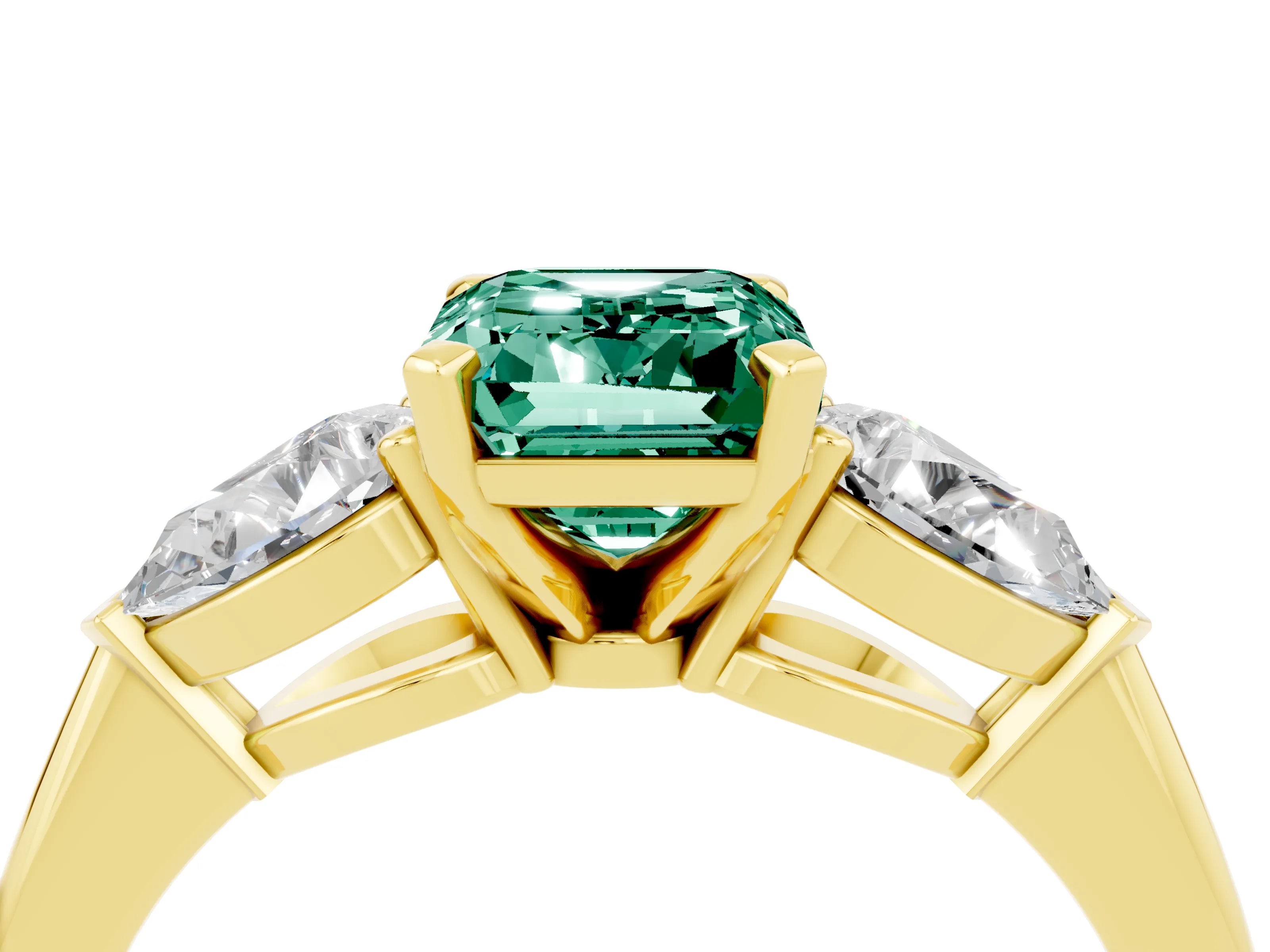 Yellow gold Three-Stone Emerald Cut Green Sapphire Ring with Pear Side Stones and Four-Prong Setting_4