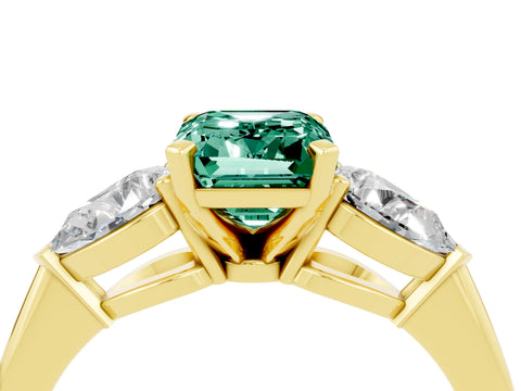 Yellow gold Three-Stone Emerald Cut Green Sapphire Ring with Pear Side Stones and Four-Prong Setting_4