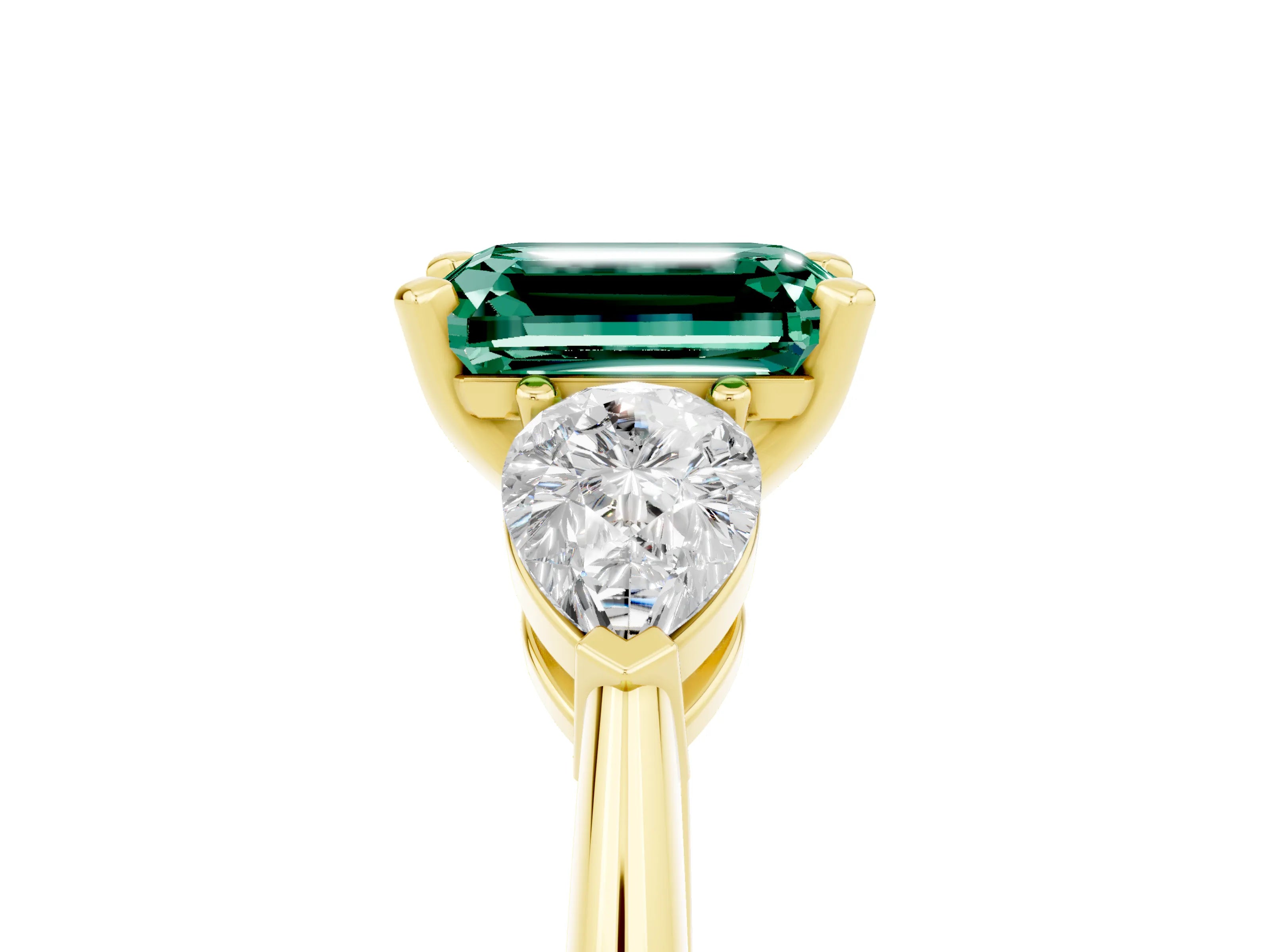 Yellow gold Three-Stone Emerald Cut Green Sapphire Ring with Pear Side Stones and Four-Prong Setting_5