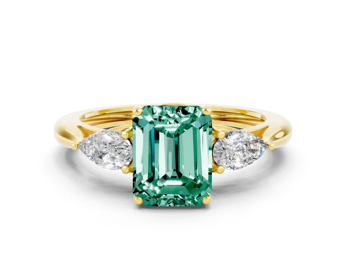 Yellow gold Three-Stone Emerald Cut Green Sapphire Ring with Pear  Side Stones in Four-Prong Setting_12