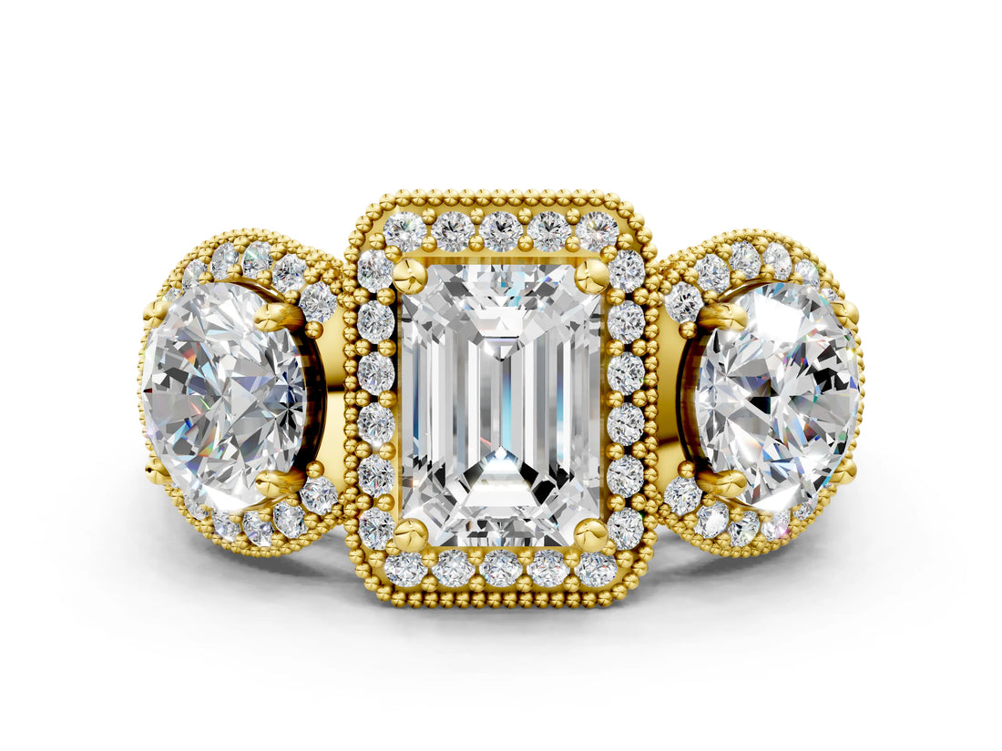 Yellow gold Three-Stone Emerald Cut Halo Diamond Milgrain Band with Four-Prong Setting_3
