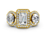 Yellow gold Three-Stone Emerald Cut Halo Diamond Milgrain Band with Four-Prong Setting_3