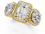 Yellow gold Three-Stone Emerald Cut Halo Diamond Milgrain Band with Four-Prong Setting_4