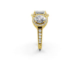 Yellow gold Three-Stone Emerald Cut Halo Diamond Milgrain Band with Four-Prong Setting_5