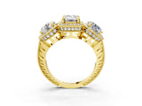 Yellow gold Three-Stone Emerald Cut Halo Diamond Milgrain Band with Four-Prong Setting_6