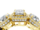 Yellow gold Three-Stone Emerald Cut Halo Diamond Milgrain Band with Four-Prong Setting_7