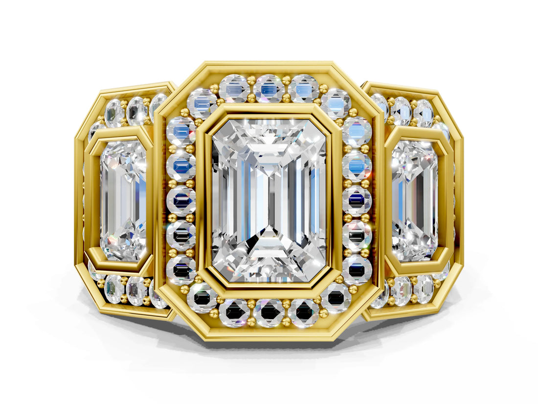 Yellow gold Three-Stone Emerald Cut Halo Pavé Diamond Ring_3