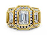 Yellow gold Three-Stone Emerald Cut Halo Pavé Diamond Ring_3