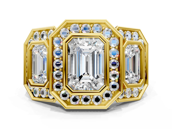 Yellow Gold Emerald Cut Bezel Three Stone Halo Engagement Ring Setting with Pave Shoulders