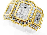 Yellow gold Three-Stone Emerald Cut Halo Pavé Diamond Ring_4
