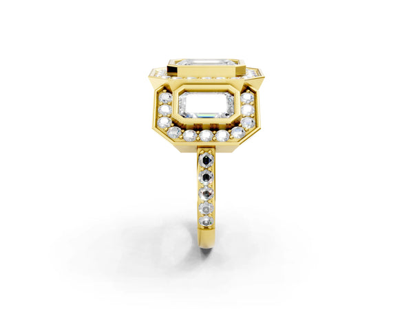 Yellow Gold Emerald Cut Bezel Three Stone Halo Engagement Ring Setting with Pave Shoulders