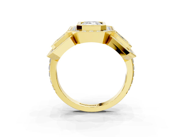 Yellow Gold Emerald Cut Bezel Three Stone Halo Engagement Ring Setting with Pave Shoulders