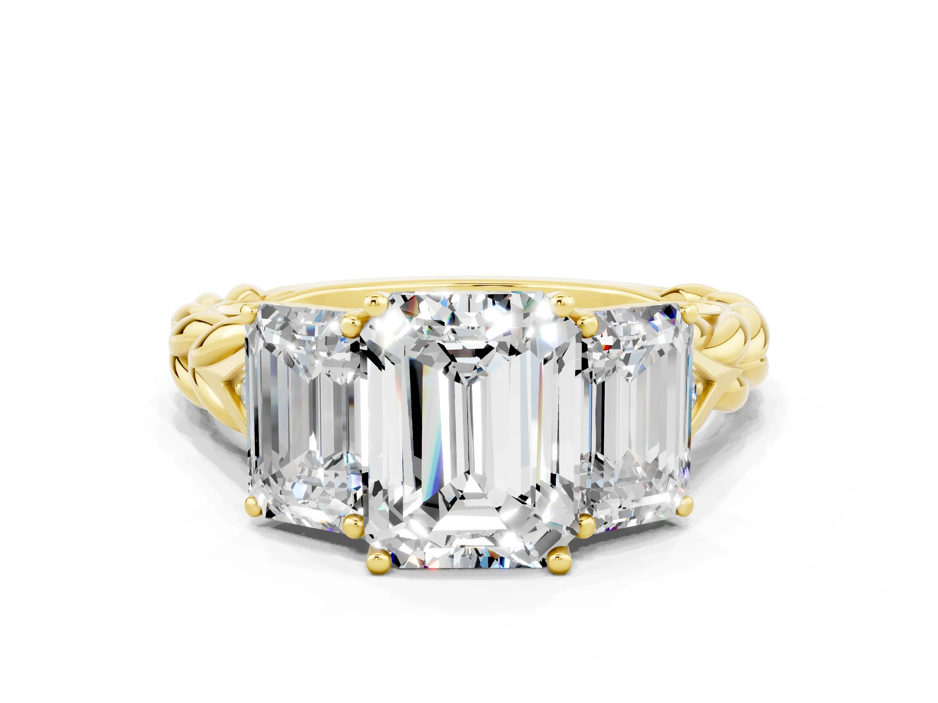 Yellow gold Three-Stone Emerald Cut Moissanite Braided Band Ring with Four-Prong Setting_36