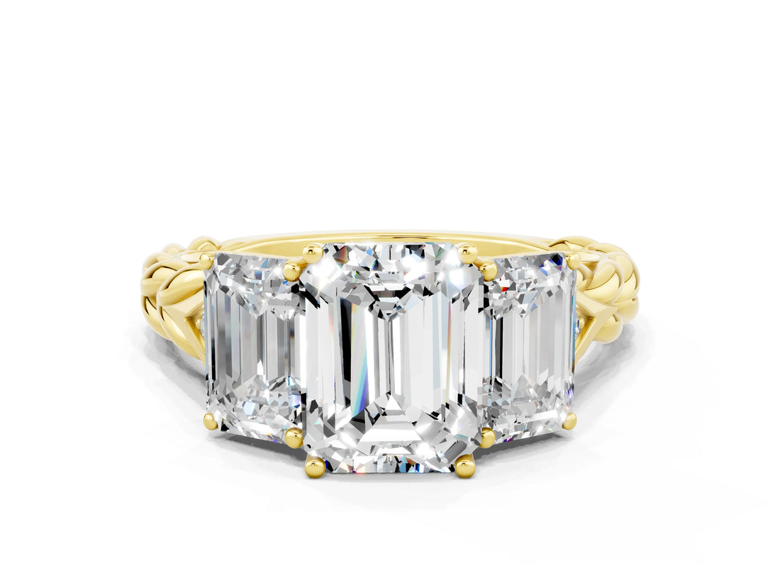 Yellow gold Three-Stone Emerald Cut Moissanite Braided Band Ring with Four-Prong Setting_36