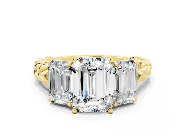 Yellow gold Three-Stone Emerald Cut Moissanite Braided Band Ring with Four-Prong Setting