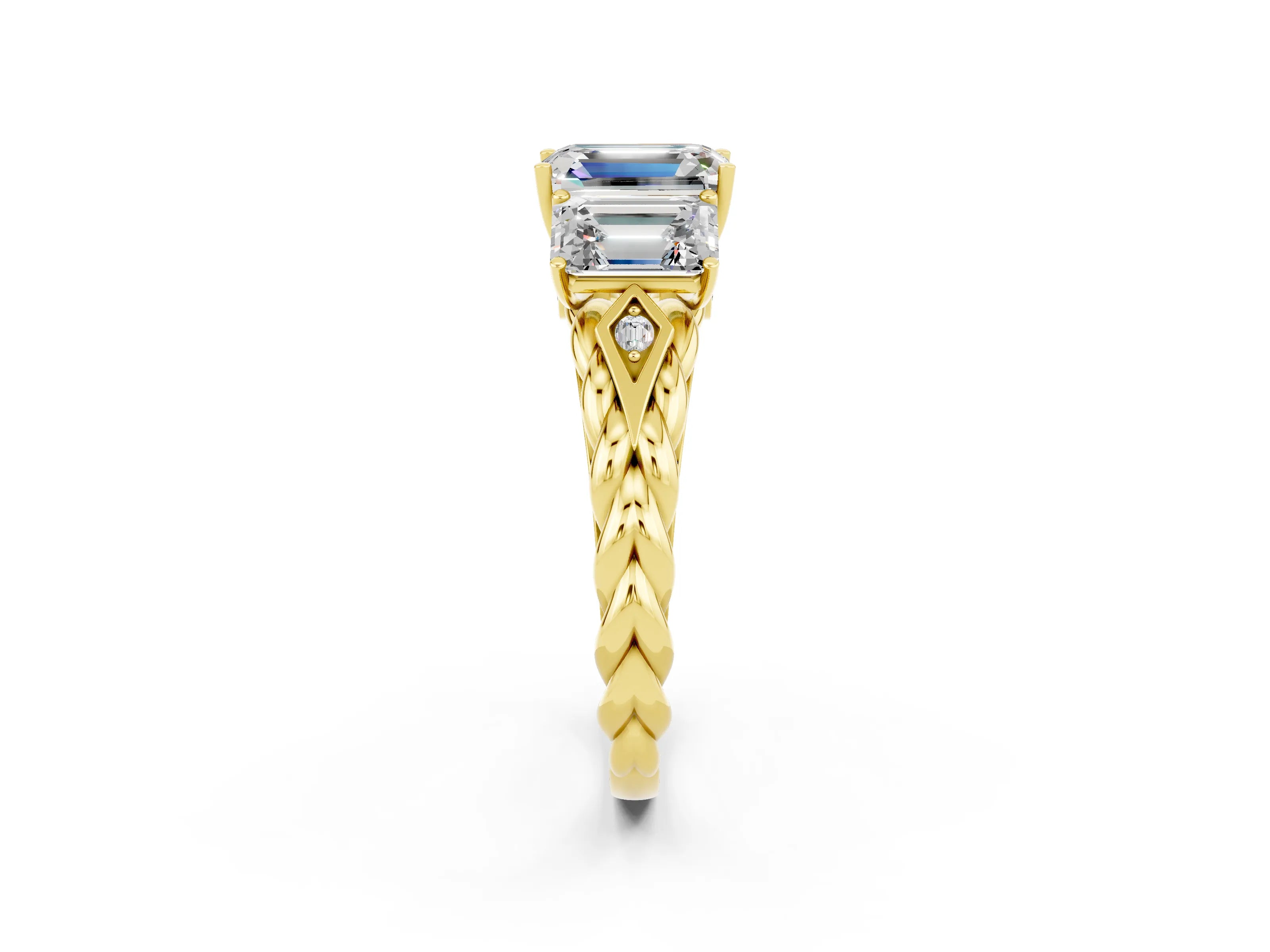 Yellow gold Three-Stone Emerald Cut Moissanite Braided Band Ring with Four-Prong Setting_38