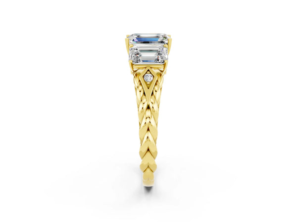 Yellow gold Three-Stone Emerald Cut Moissanite Braided Band Ring with Four-Prong Setting