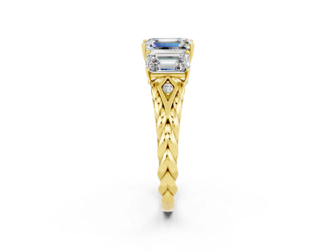 Yellow gold Three-Stone Emerald Cut Moissanite Braided Band Ring with Four-Prong Setting_38