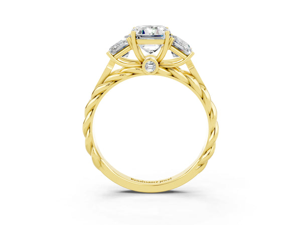 Yellow gold Three-Stone Emerald Cut Moissanite Braided Band Ring with Four-Prong Setting
