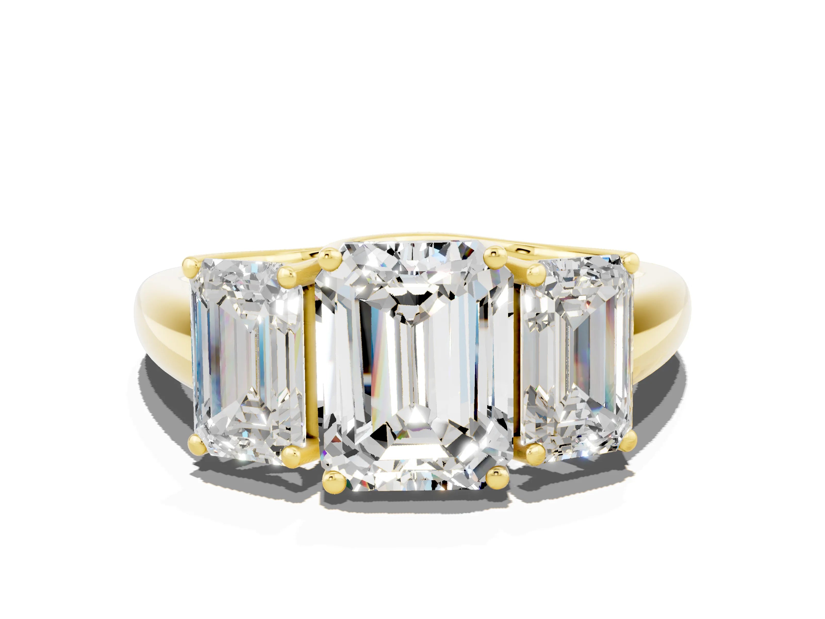 Yellow gold Three-Stone Emerald Cut Moissanite Engagement Ring with Prong Setting