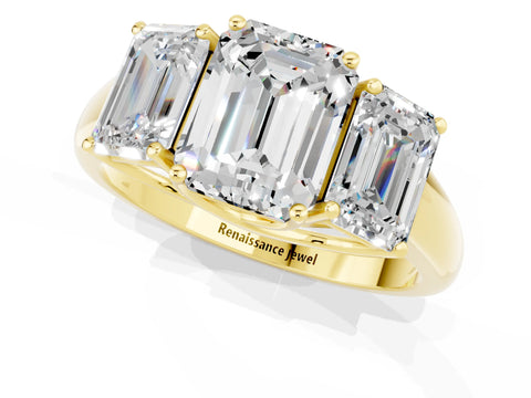 Yellow gold Three-Stone Emerald Cut Moissanite Engagement Ring with Prong Setting_1