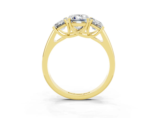 Yellow gold Three-Stone Emerald Cut Moissanite Engagement Ring with Prong Setting