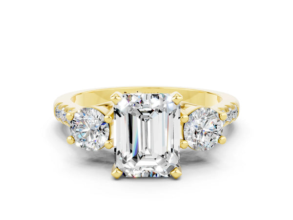 Yellow gold Three-Stone Emerald Cut Moissanite Pavé Band with Four-Prong Setting