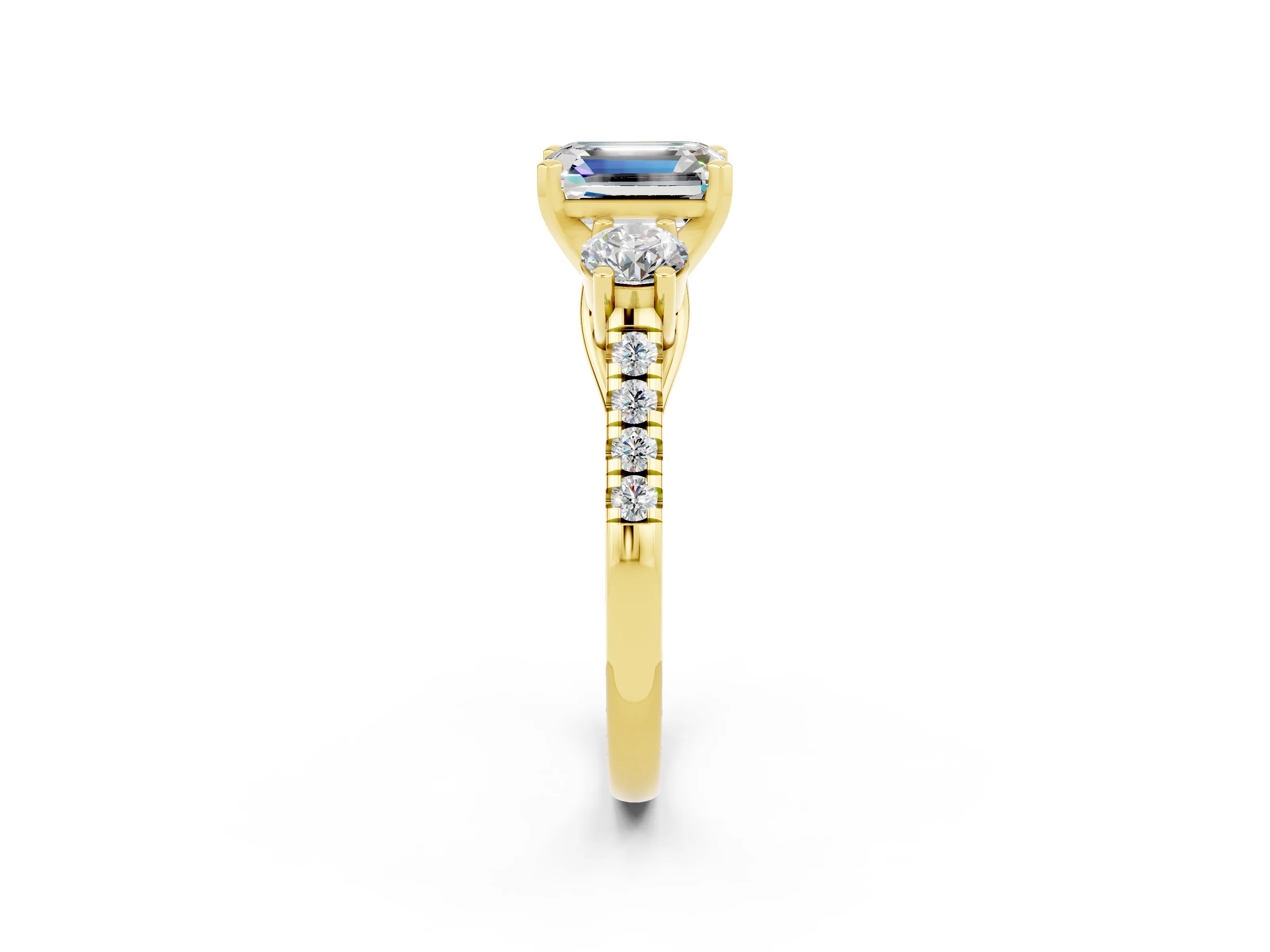 Yellow gold Three-Stone Emerald Cut Moissanite Pavé Band with Four-Prong Setting_2