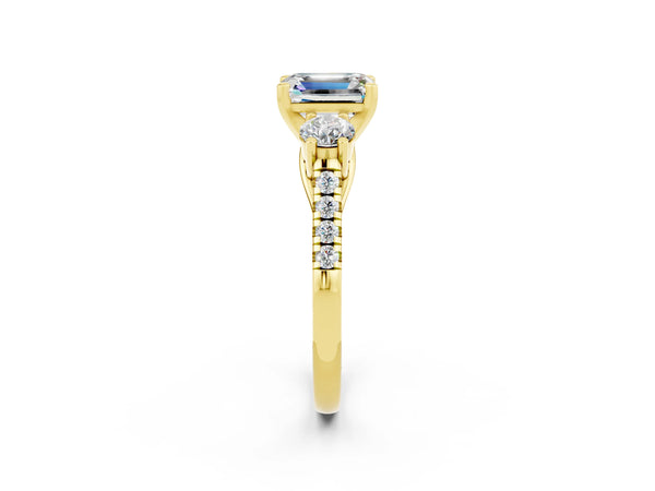 Yellow gold Three-Stone Emerald Cut Moissanite Pavé Band with Four-Prong Setting