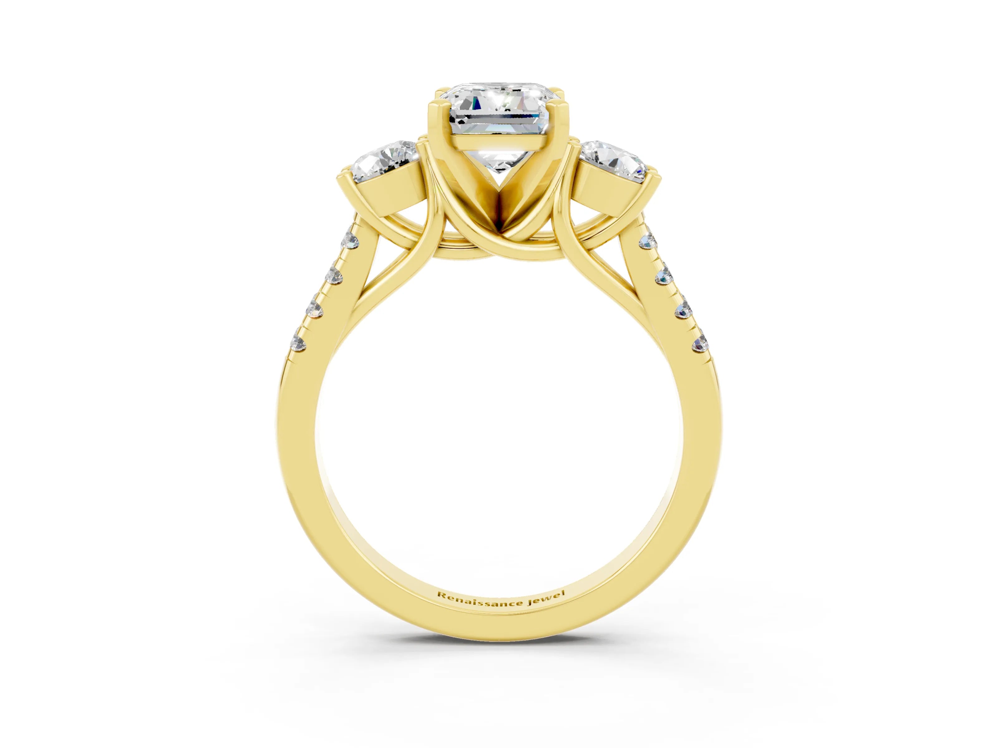 Yellow gold Three-Stone Emerald Cut Moissanite Pavé Band with Four-Prong Setting_3