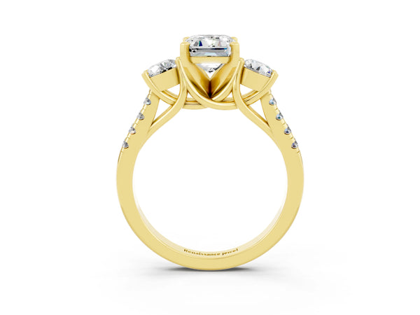Yellow gold Three-Stone Emerald Cut Moissanite Pavé Band with Four-Prong Setting