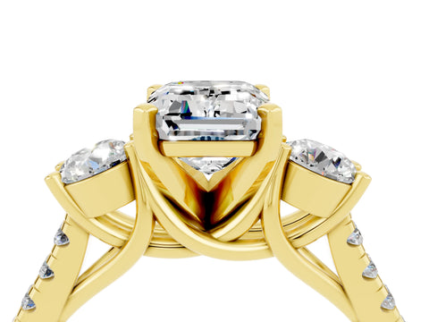 Yellow gold Three-Stone Emerald Cut Moissanite Pavé Band with Four-Prong Setting_4