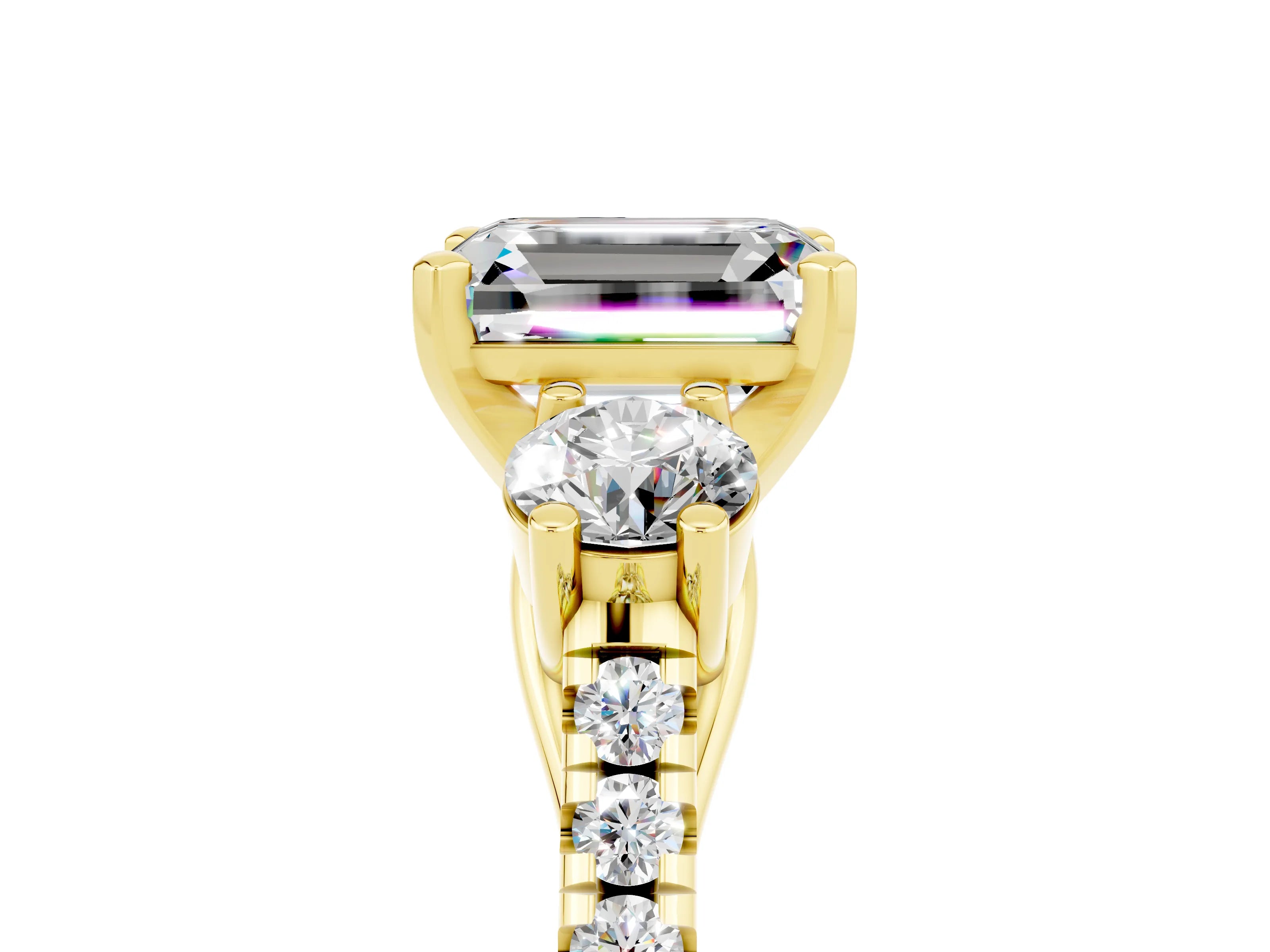 Yellow gold Three-Stone Emerald Cut Moissanite Pavé Band with Four-Prong Setting_5