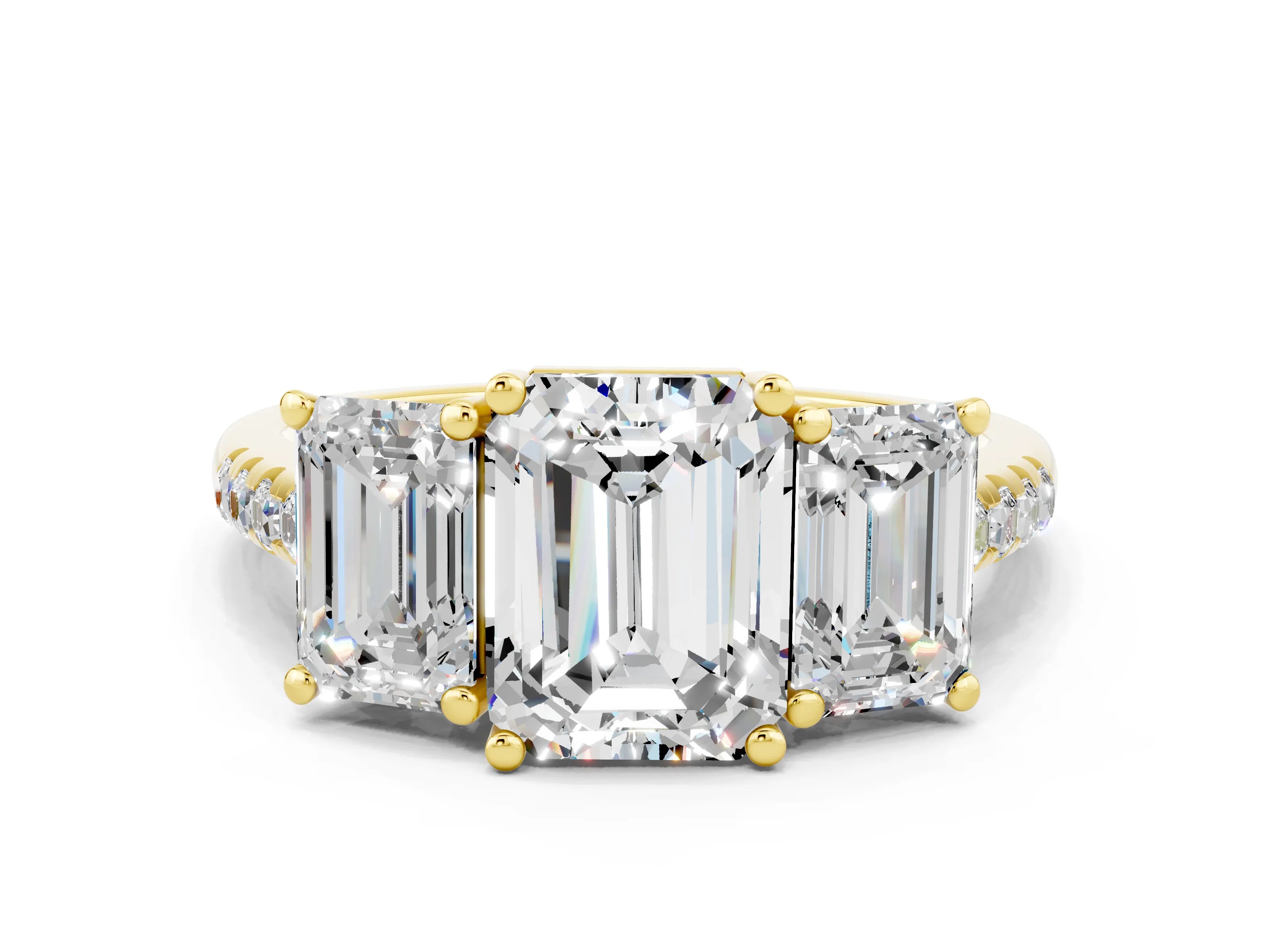 Yellow gold Three-Stone Emerald Cut Moissanite Ring with Pavé Band and Prong Setting_12