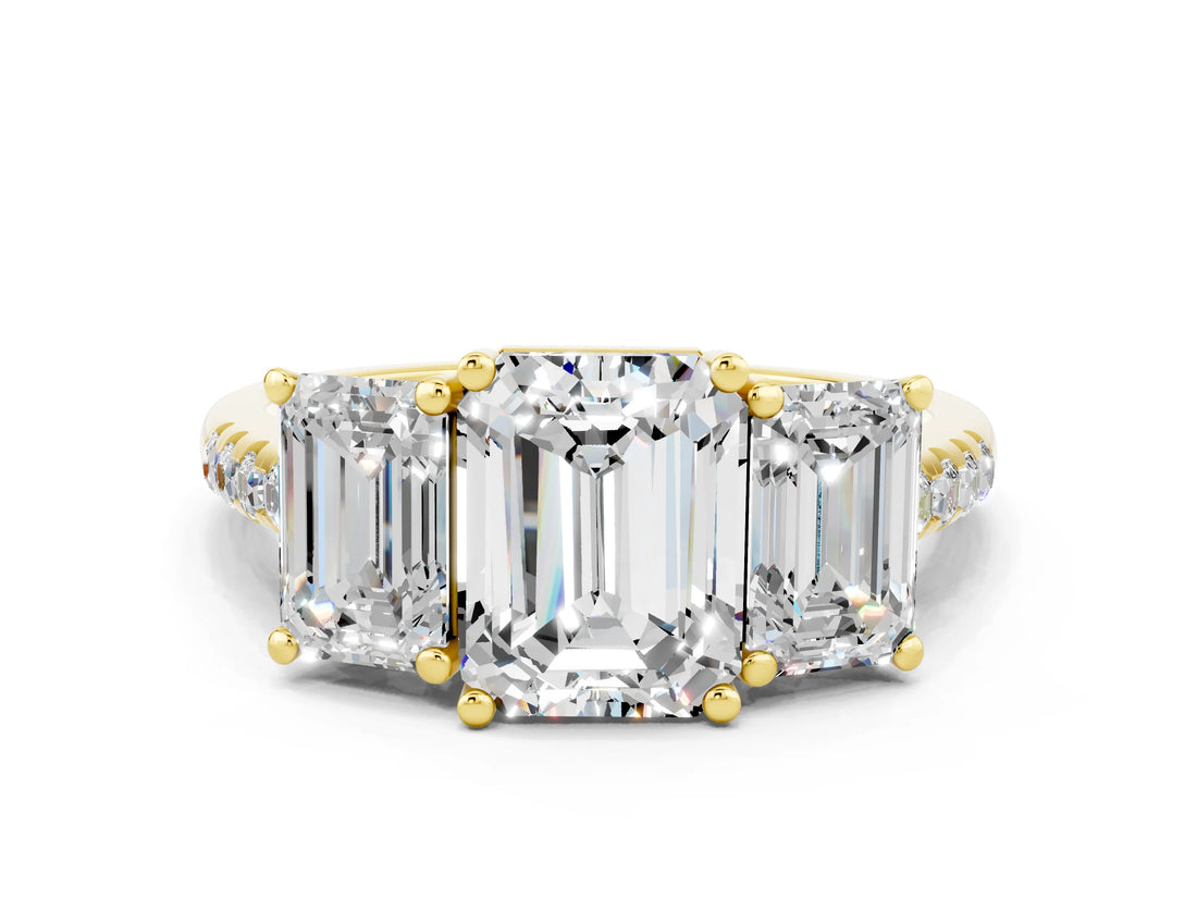 Yellow gold Three-Stone Emerald Cut Moissanite Ring with Pavé Band and Prong Setting_12