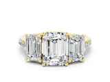 Yellow gold Three-Stone Emerald Cut Moissanite Ring with Pavé Band and Prong Setting_12