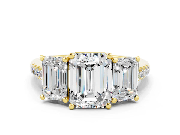 Yellow gold Three-Stone Emerald Cut Moissanite Ring with Round  Pavé Band and Prong Setting