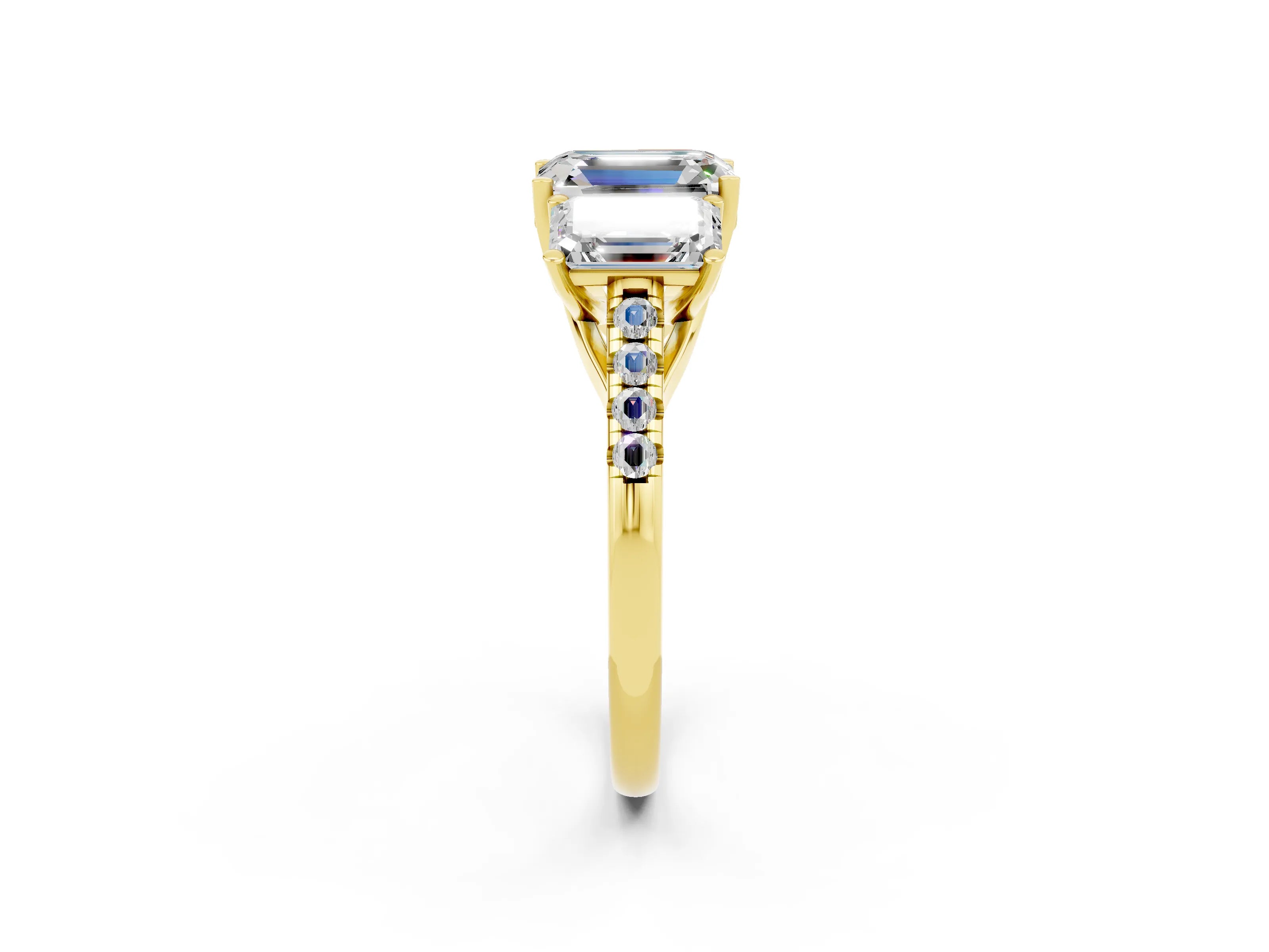 Yellow gold Three-Stone Emerald Cut Moissanite Ring with Pavé Band and Prong Setting_14
