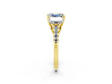 Yellow gold Three-Stone Emerald Cut Moissanite Ring with Pavé Band and Prong Setting_14