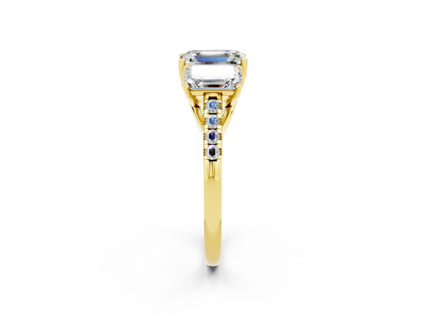 Yellow gold Three-Stone Emerald Cut Moissanite Ring with Round  Pavé Band and Prong Setting