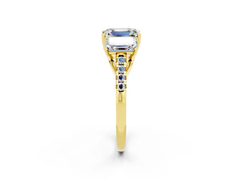Yellow gold Three-Stone Emerald Cut Moissanite Ring with Pavé Band and Prong Setting_14