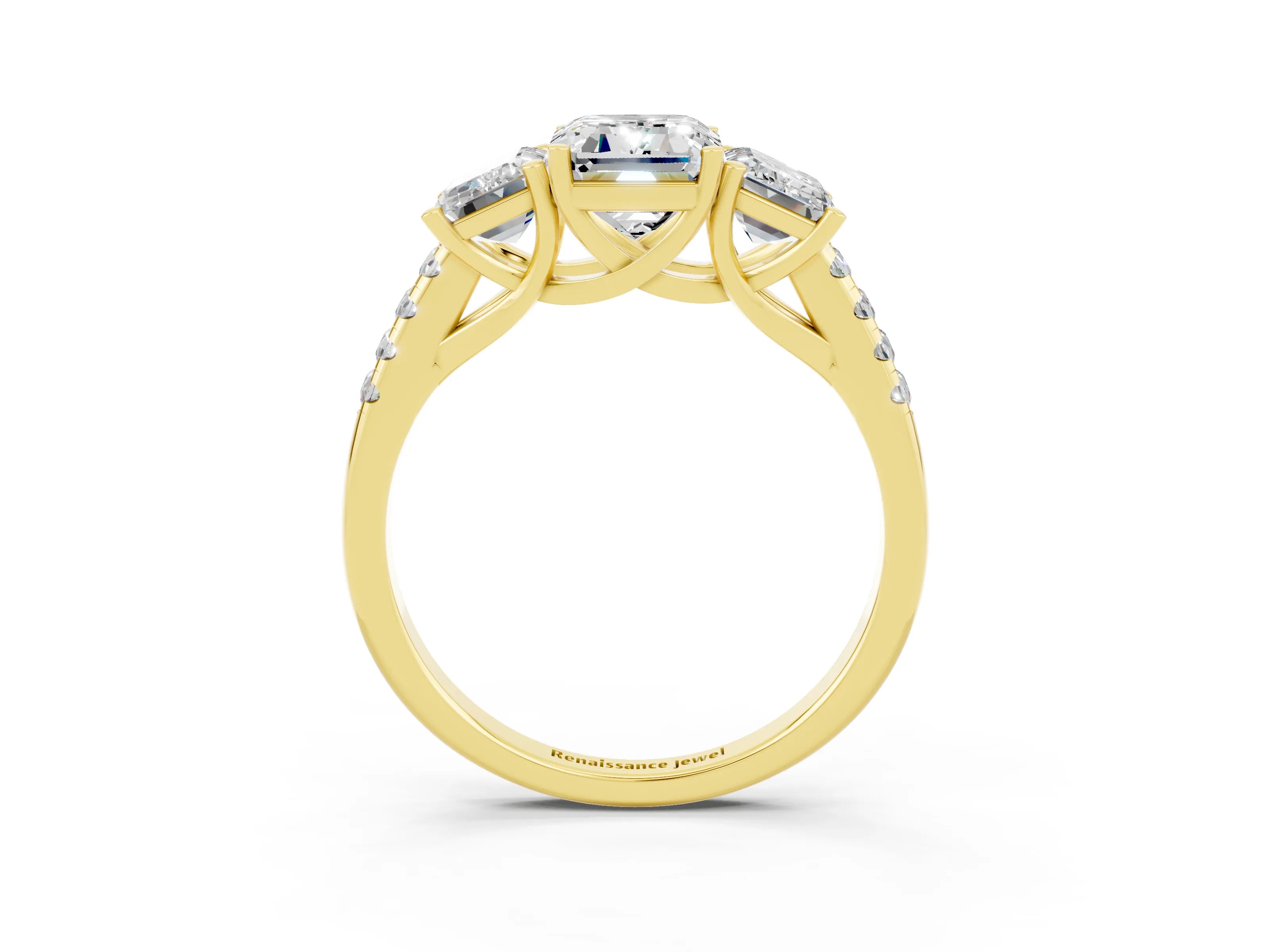 Yellow gold Three-Stone Emerald Cut Moissanite Ring with Pavé Band and Prong Setting_15