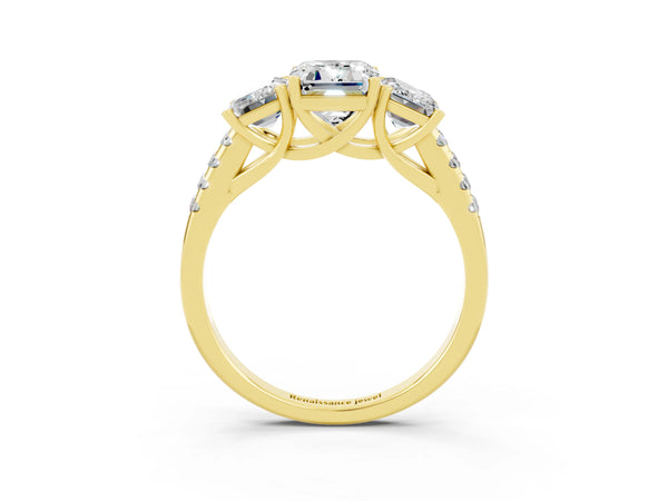 Yellow gold Three-Stone Emerald Cut Moissanite Ring with Round  Pavé Band and Prong Setting