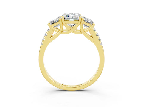 Yellow gold Three-Stone Emerald Cut Moissanite Ring with Pavé Band and Prong Setting_15